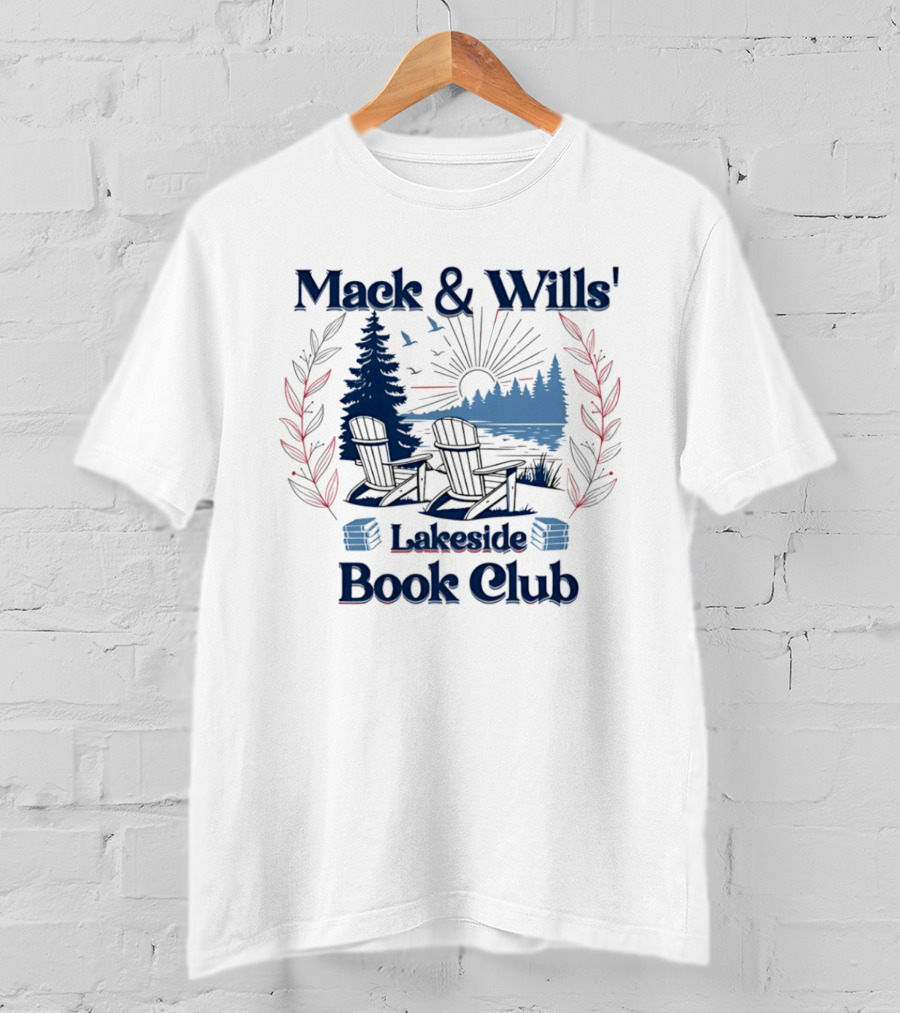 Mack & Wills' Lakeside Book Club Adirondack Chairs Sunset Scene T-Shirt