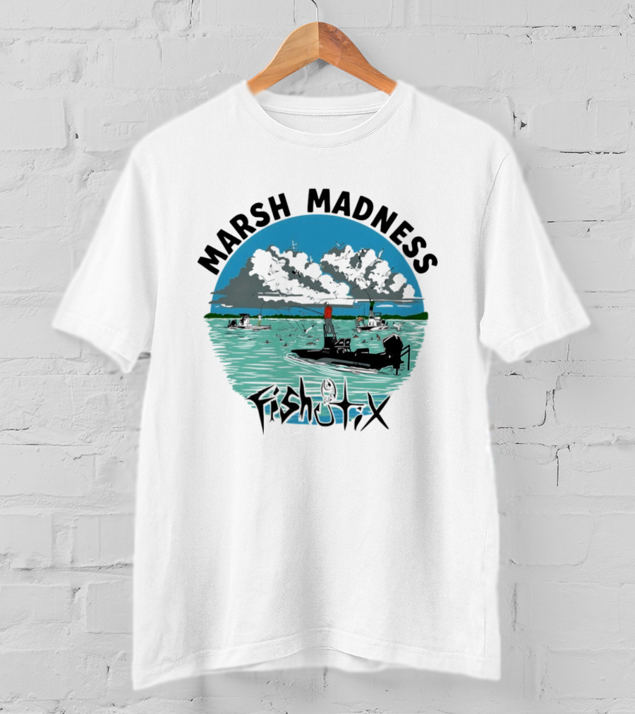 Marsh Madness Fishstix Boat Fishing Scene T-Shirt