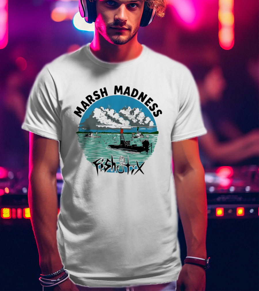 Marsh Madness Fishstix Boat Fishing Scene T-Shirt