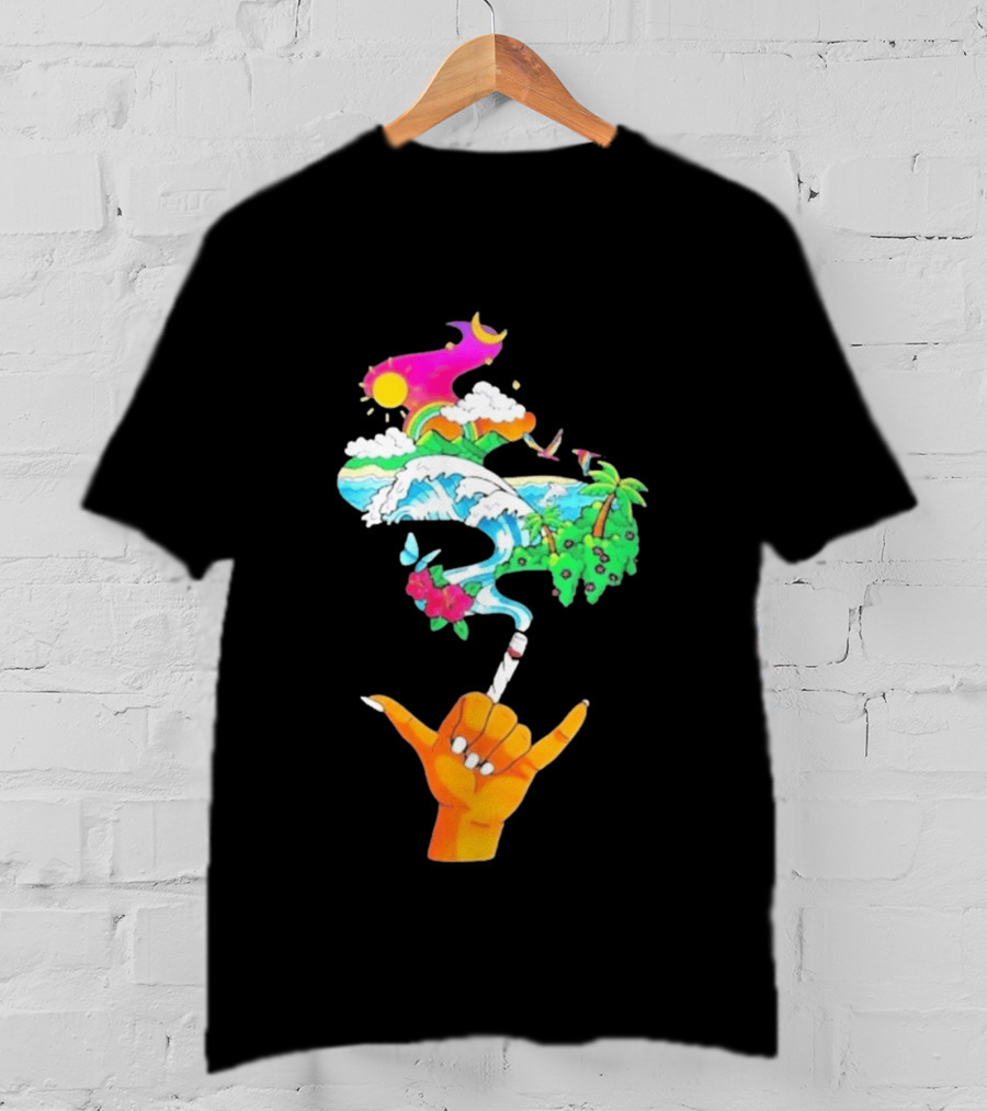 Shaka Hand Gesture With Tropical Island Wave And Colorful Clouds T-Shirt