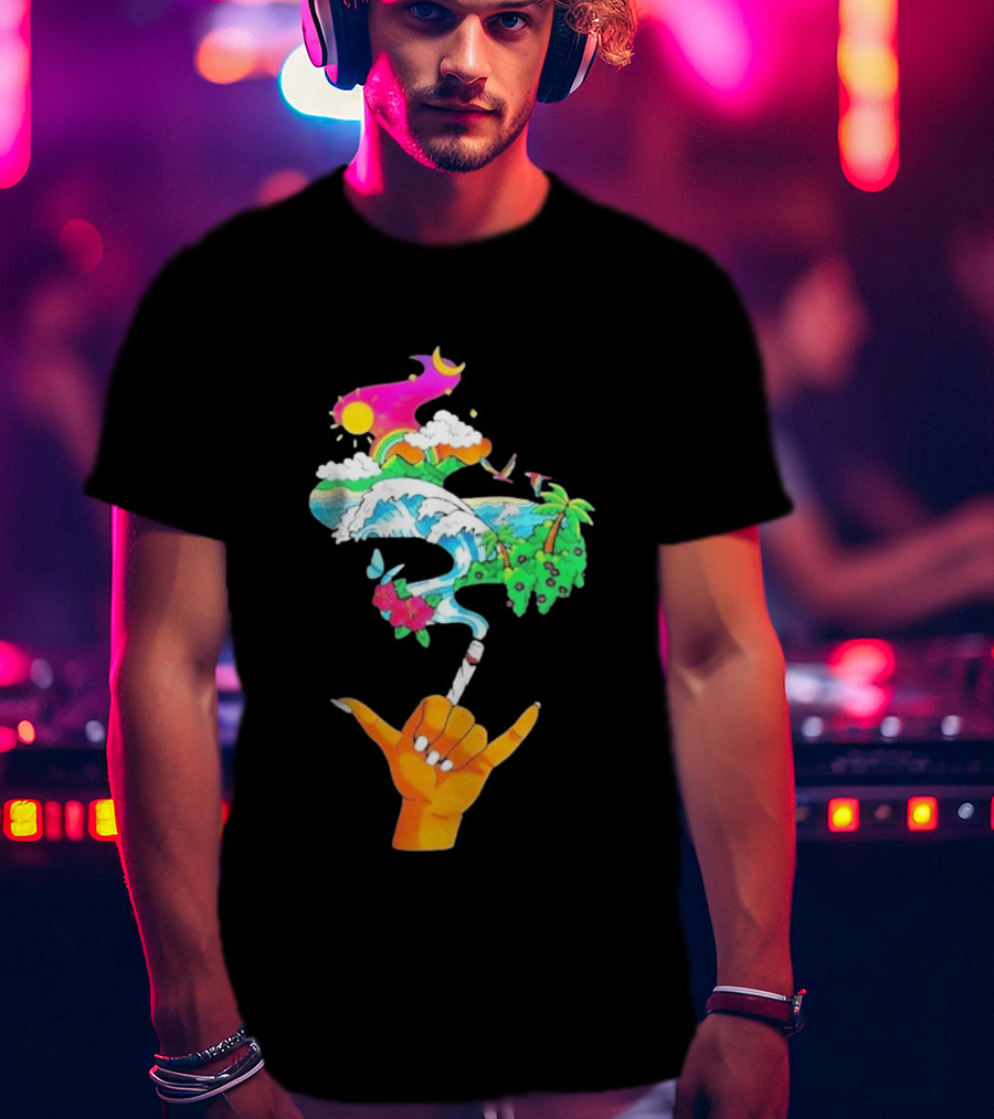 Shaka Hand Gesture With Tropical Island Wave And Colorful Clouds T-Shirt