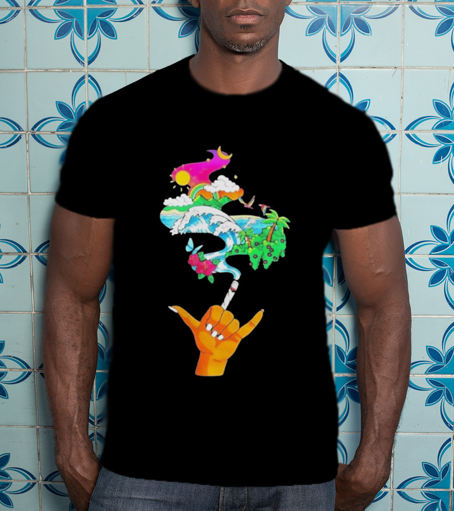 Shaka Hand Gesture With Tropical Island Wave And Colorful Clouds T-Shirt