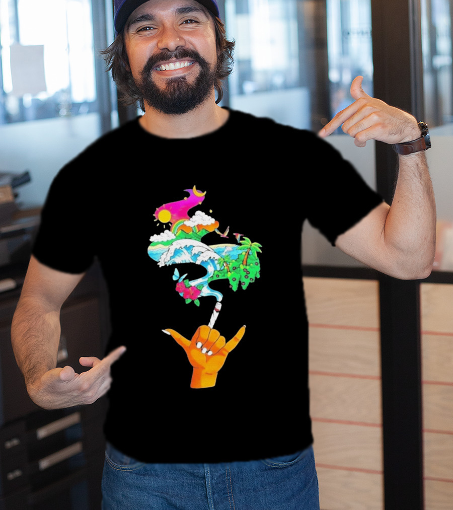 Shaka Hand Gesture With Tropical Island Wave And Colorful Clouds T-Shirt