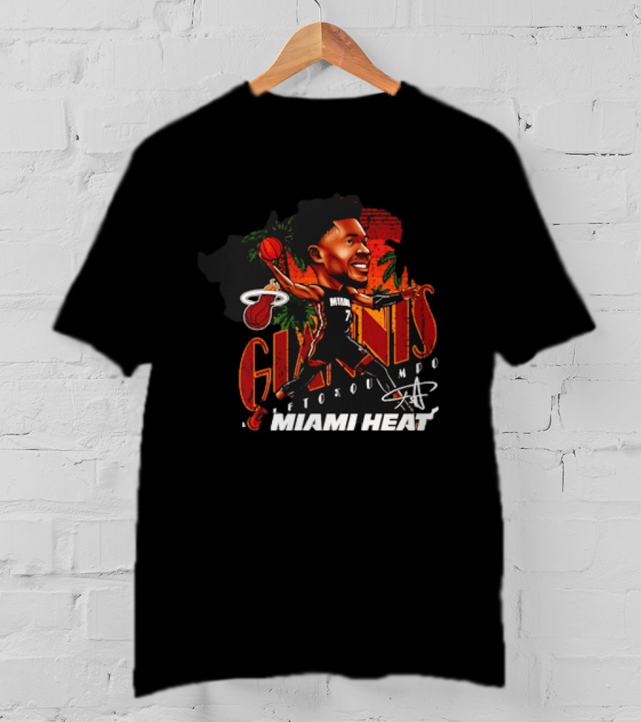 Giannis Antetokounmpo Miami Heat Cartoon Basketball Graphic Palm Trees T-Shirt