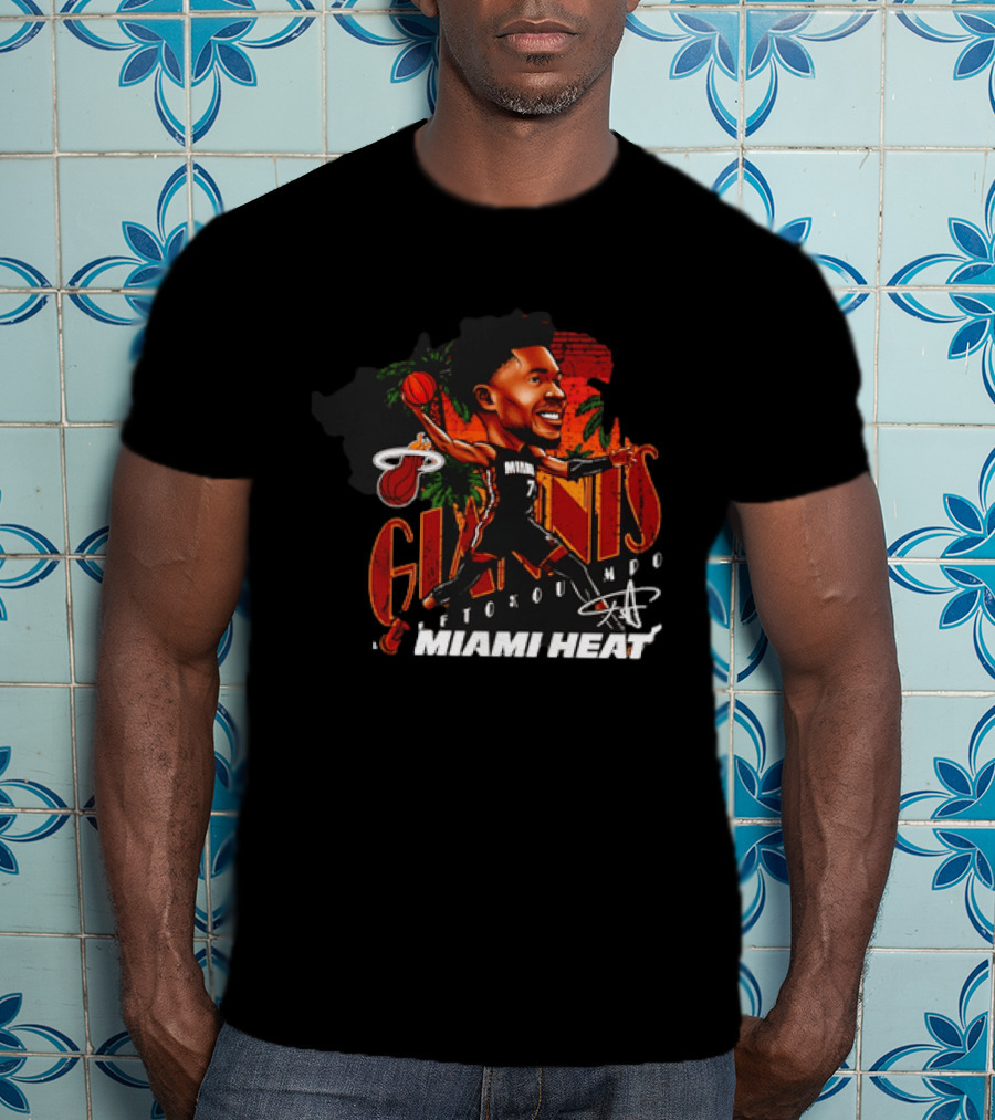 Giannis Antetokounmpo Miami Heat Cartoon Basketball Graphic Palm Trees T-Shirt