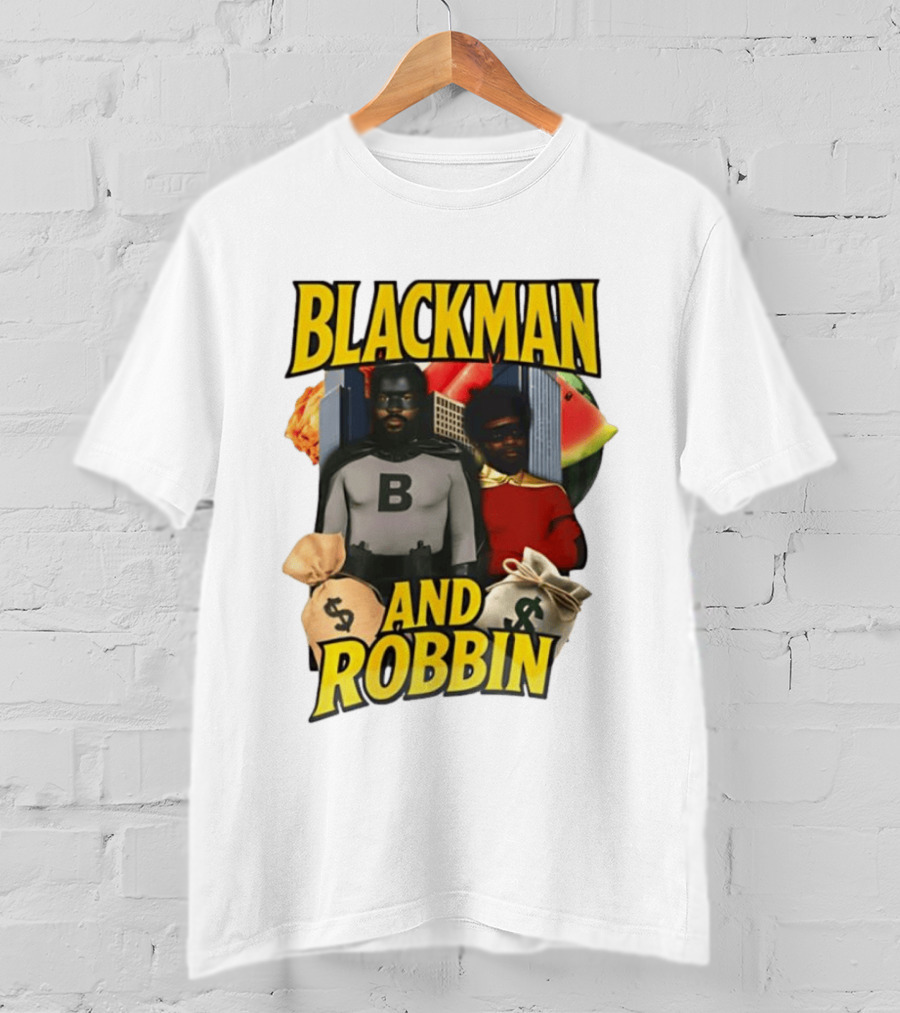 Blackman And Robbin Superhero Satire Comedy Money Bags Cityscape T-Shirt