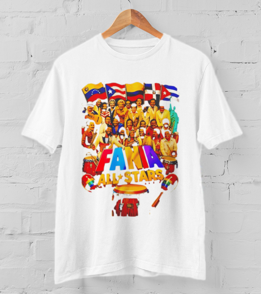 Fania All Stars Band With Colorful Flags And Musical Instruments T-Shirt