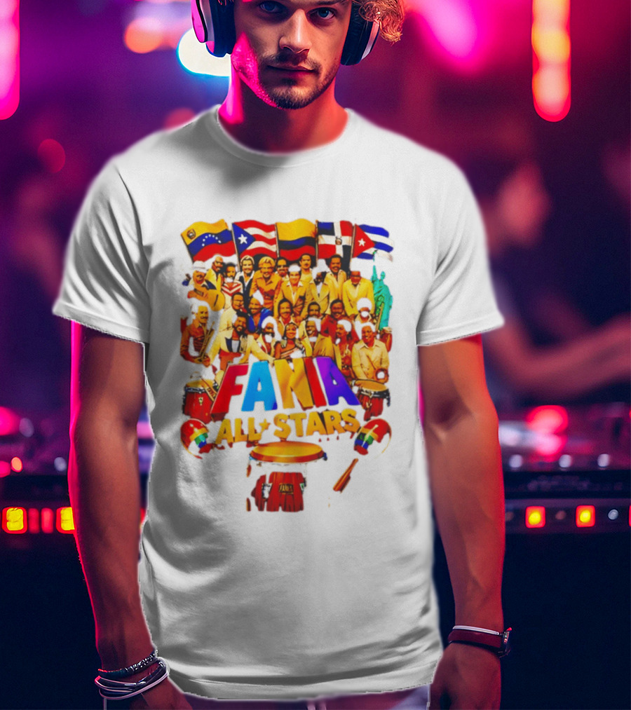 Fania All Stars Band With Colorful Flags And Musical Instruments T-Shirt