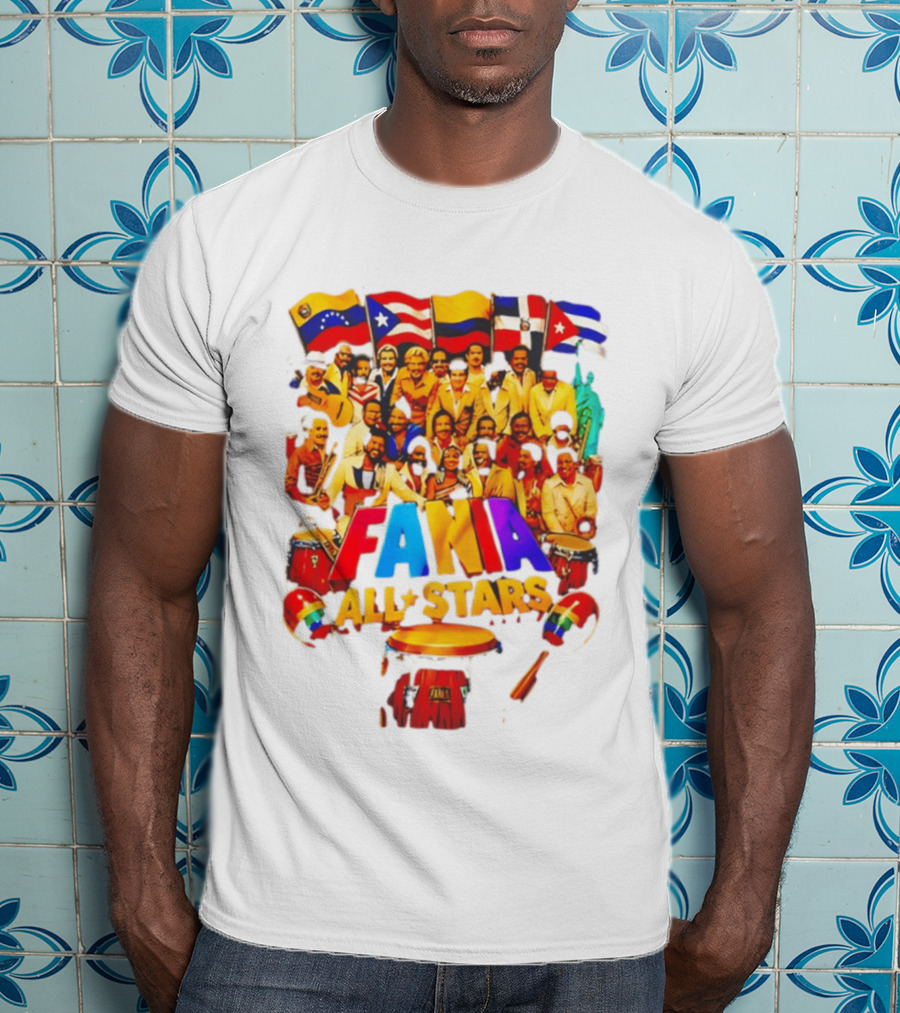 Fania All Stars Band With Colorful Flags And Musical Instruments T-Shirt