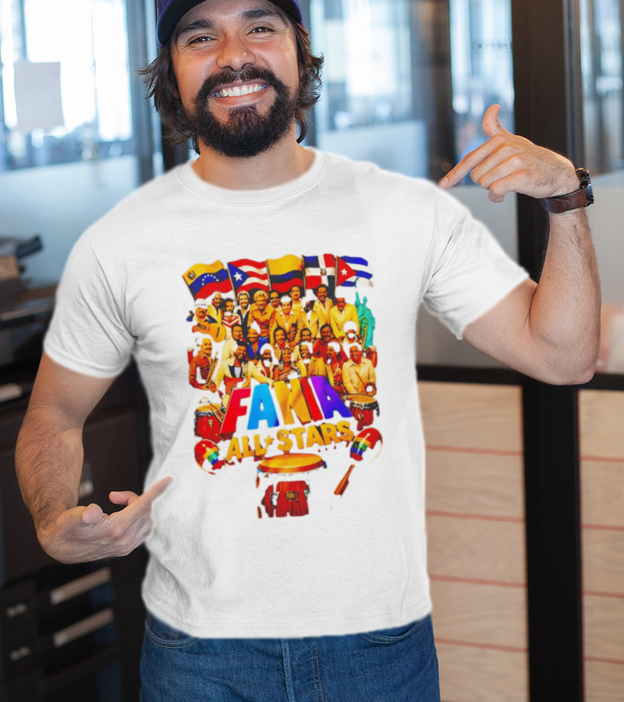 Fania All Stars Band With Colorful Flags And Musical Instruments T-Shirt