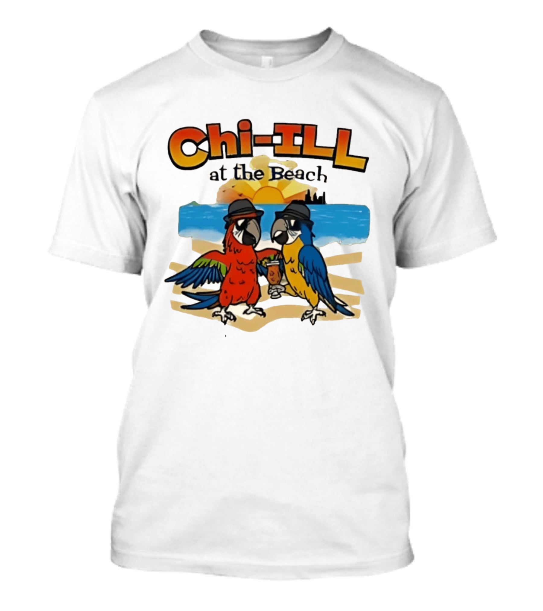 Chi ILL At The Beach Parrots With Hats And Sunset Scene T-Shirt