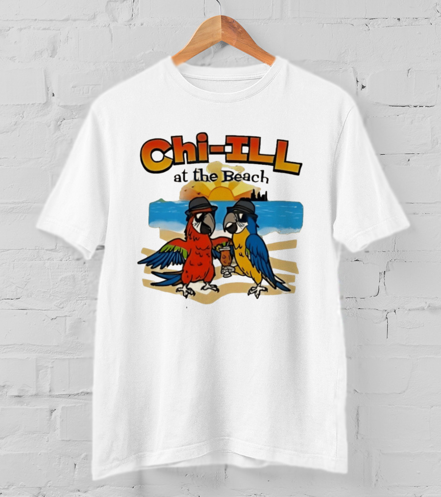 Chi ILL At The Beach Parrots With Hats And Sunset Scene T-Shirt