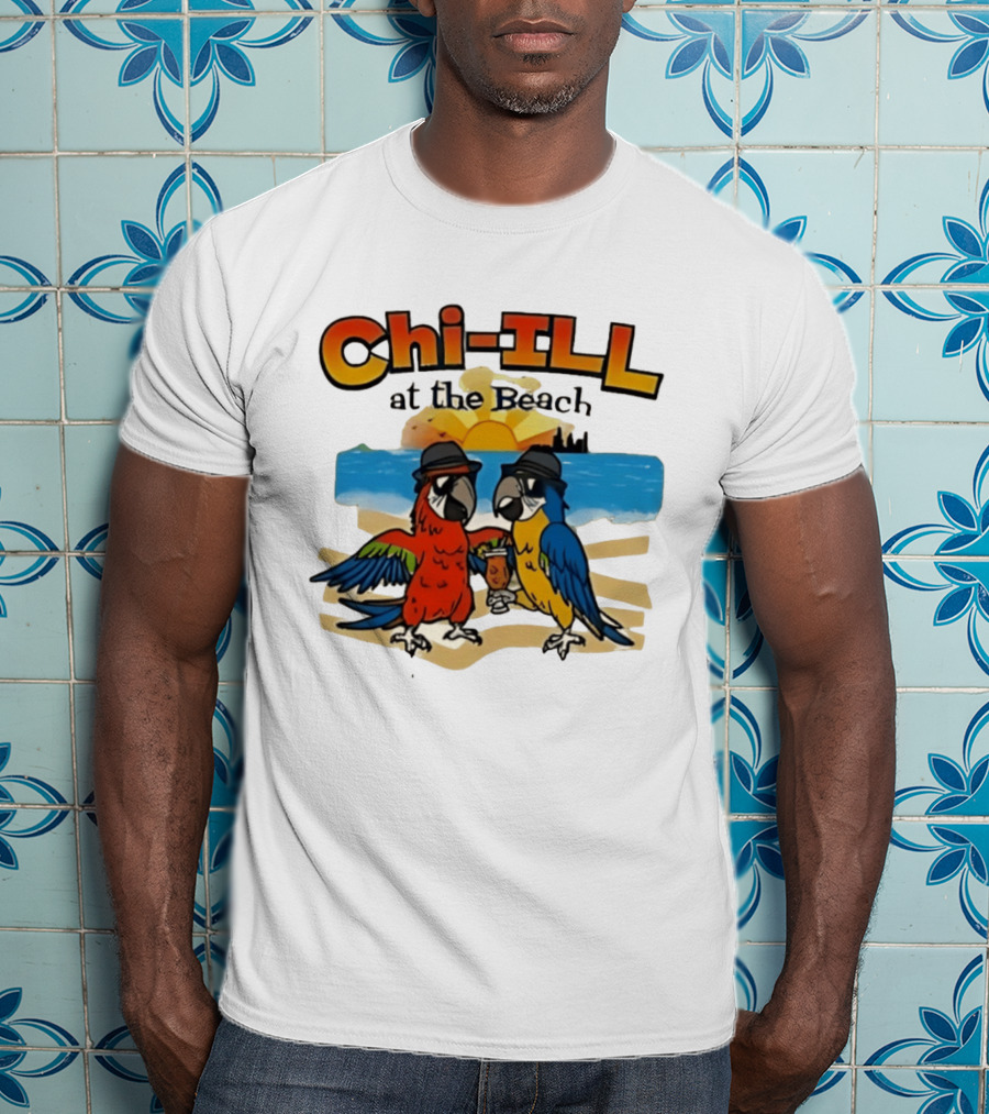 Chi ILL At The Beach Parrots With Hats And Sunset Scene T-Shirt