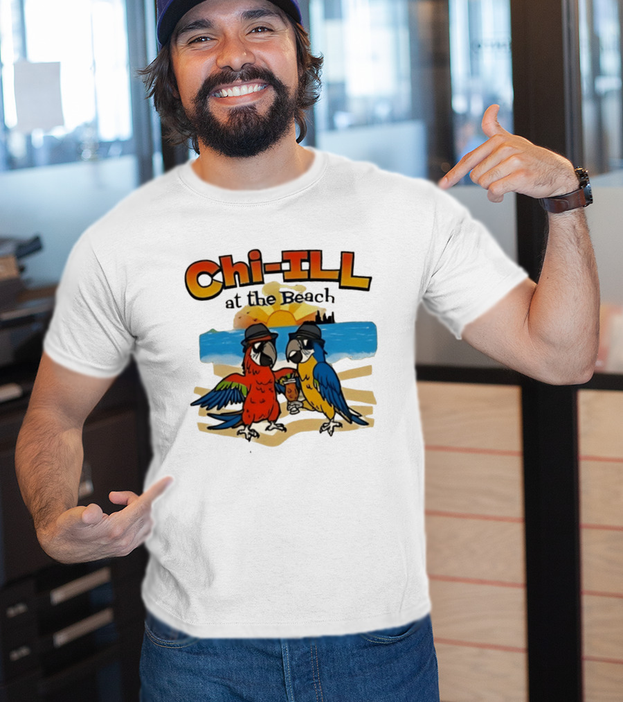 Chi ILL At The Beach Parrots With Hats And Sunset Scene T-Shirt