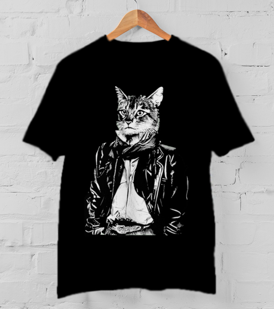 Cat They Only Come Out At Night Cool Cat In Leather Jacket T-Shirt