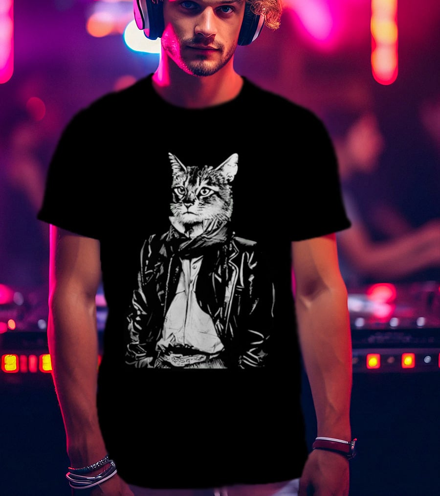 Cat They Only Come Out At Night Cool Cat In Leather Jacket T-Shirt