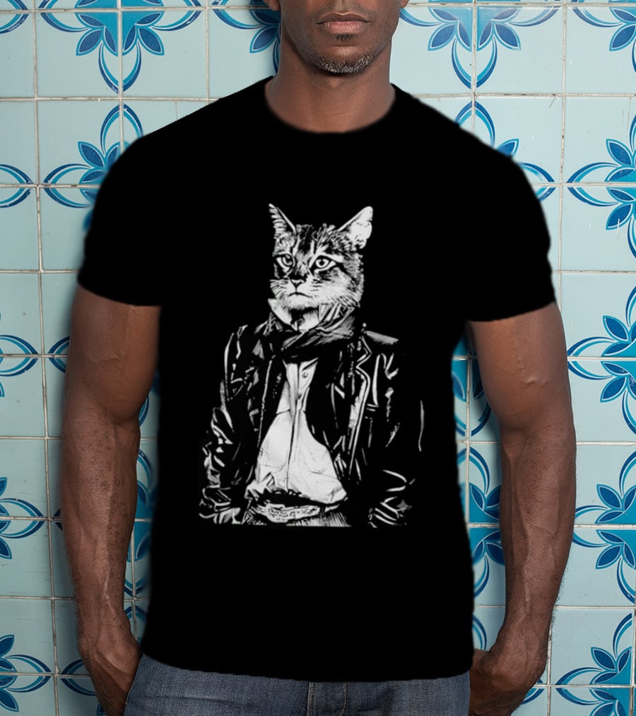 Cat They Only Come Out At Night Cool Cat In Leather Jacket T-Shirt