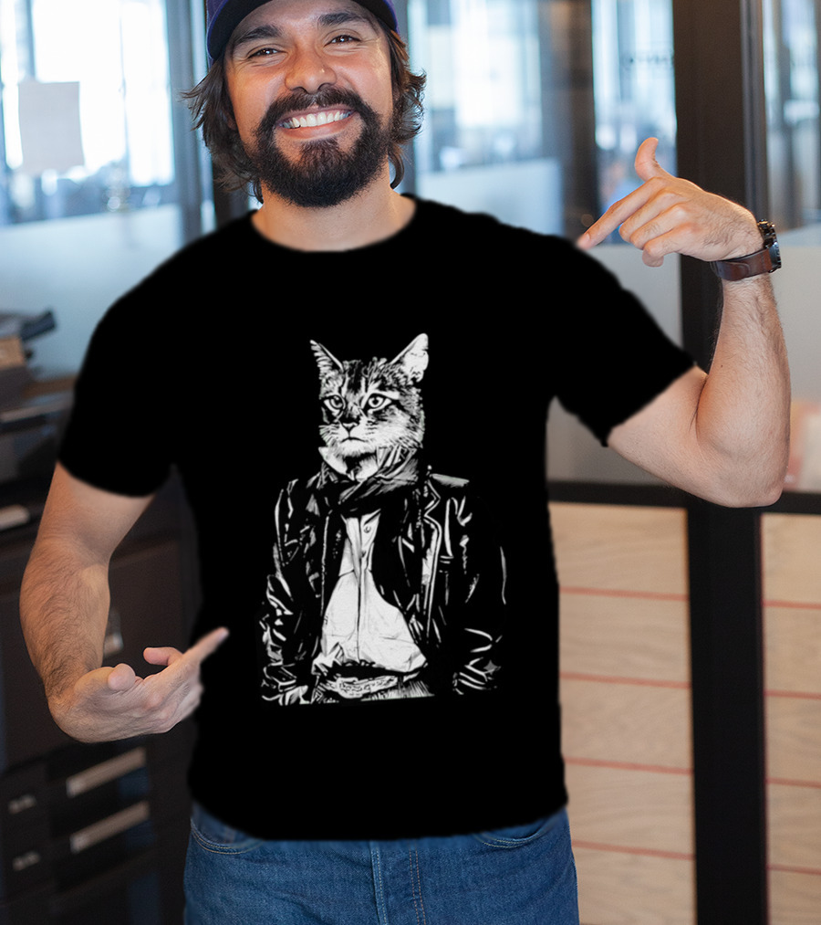 Cat They Only Come Out At Night Cool Cat In Leather Jacket T-Shirt