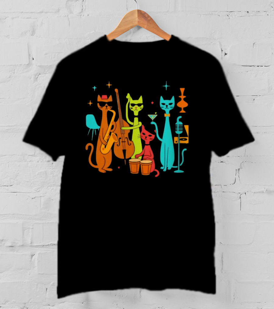 Jazz Cat Quartet Playing Instruments Bass Bongo Trumpet Martini T-Shirt