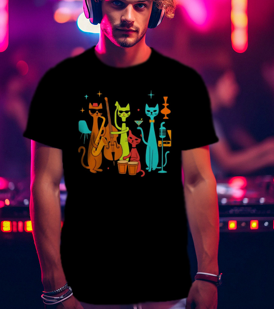 Jazz Cat Quartet Playing Instruments Bass Bongo Trumpet Martini T-Shirt