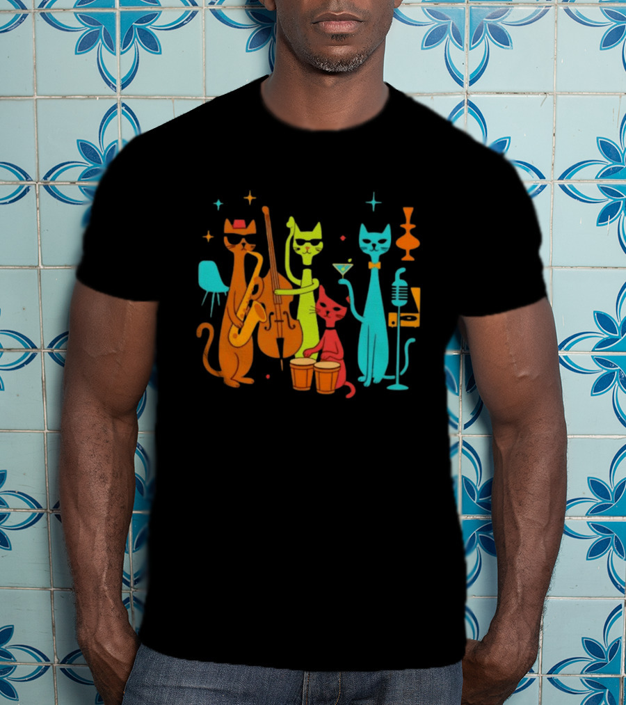 Jazz Cat Quartet Playing Instruments Bass Bongo Trumpet Martini T-Shirt