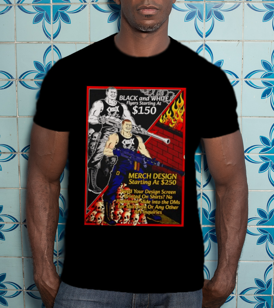 Crux Black And White Flyers And Merch Services Skulls And Flames Promo T-Shirt