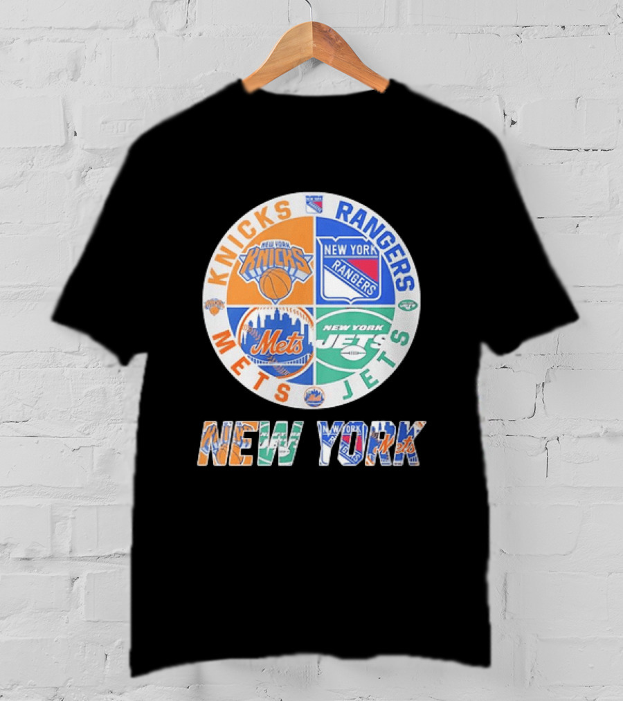 New York Knicks Rangers Mets Jets Fan Logos NY Sports Team Circle T-Shirt