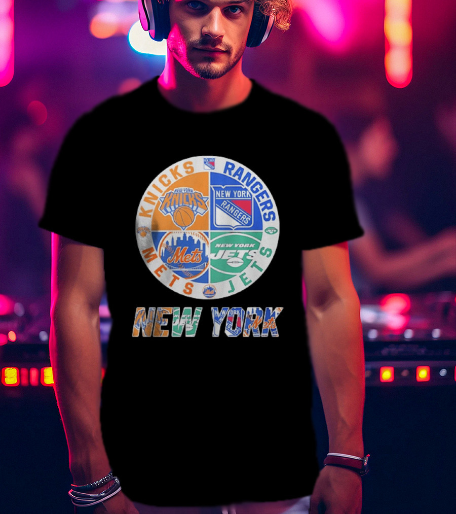 New York Knicks Rangers Mets Jets Fan Logos NY Sports Team Circle T-Shirt
