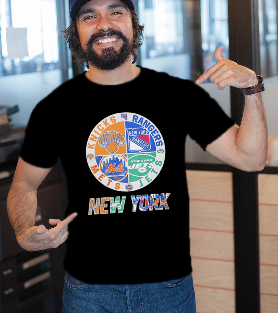 New York Knicks Rangers Mets Jets Fan Logos NY Sports Team Circle T-Shirt