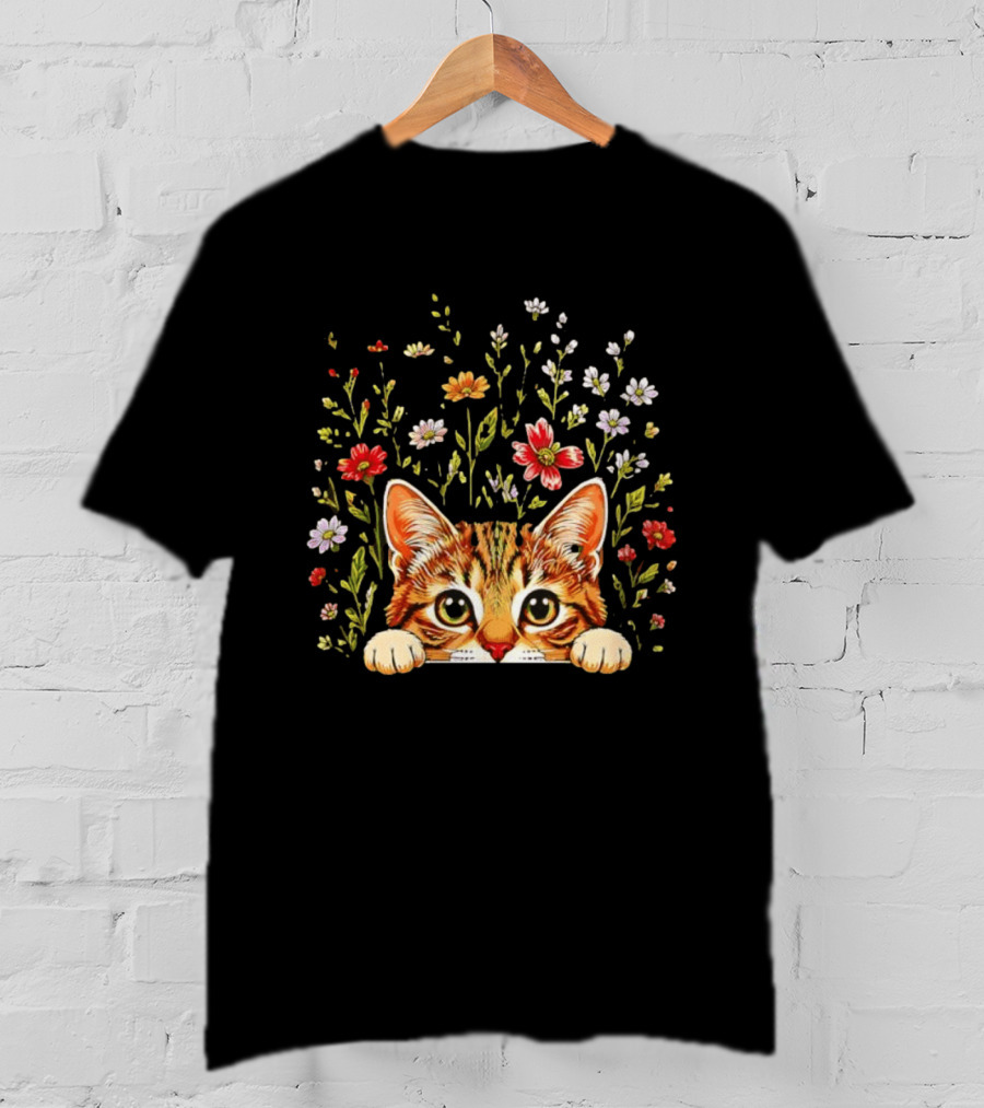 Tabby Kitten Head Through Wildflowers Florals T-Shirt