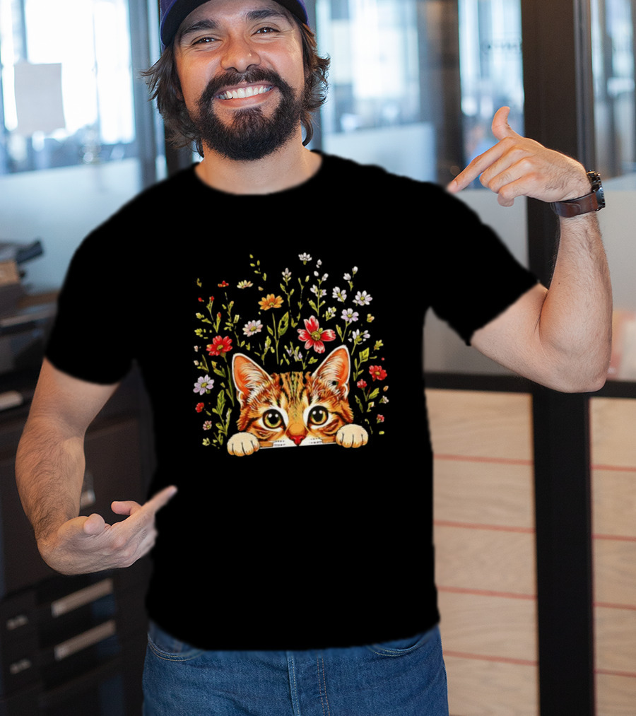 Tabby Kitten Head Through Wildflowers Florals T-Shirt
