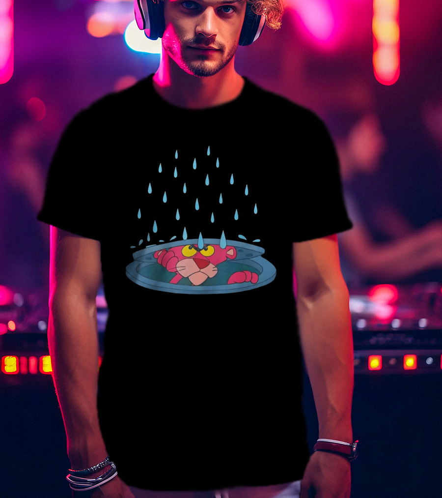 Pink Panther Peek Manhole Rainstorm Scene T-Shirt