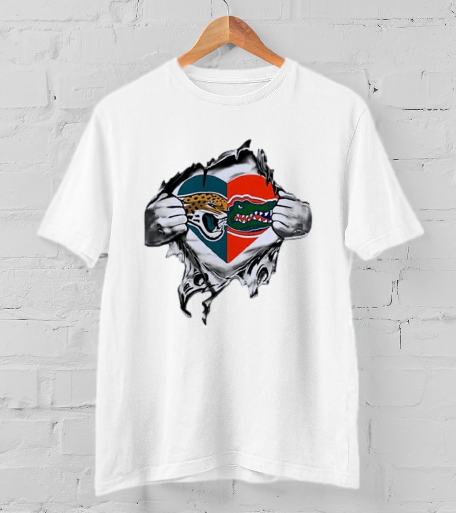 Heart Jacksonville Jaguars Florida Gators Ripped Chest T-Shirt