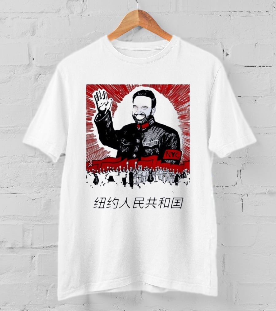 People's Republic Of NYC Bearded Man Waving With NYC Arm Patch And Red T-Shirt