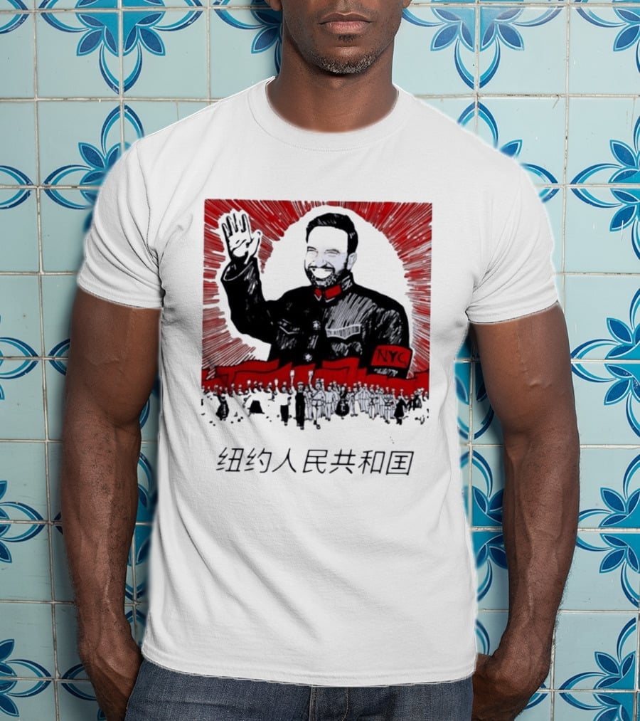People's Republic Of NYC Bearded Man Waving With NYC Arm Patch And Red T-Shirt