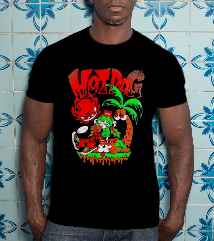 Hotdog Atsusugi Girl With Bear Hat And Dog Under Palm Tree T-Shirt