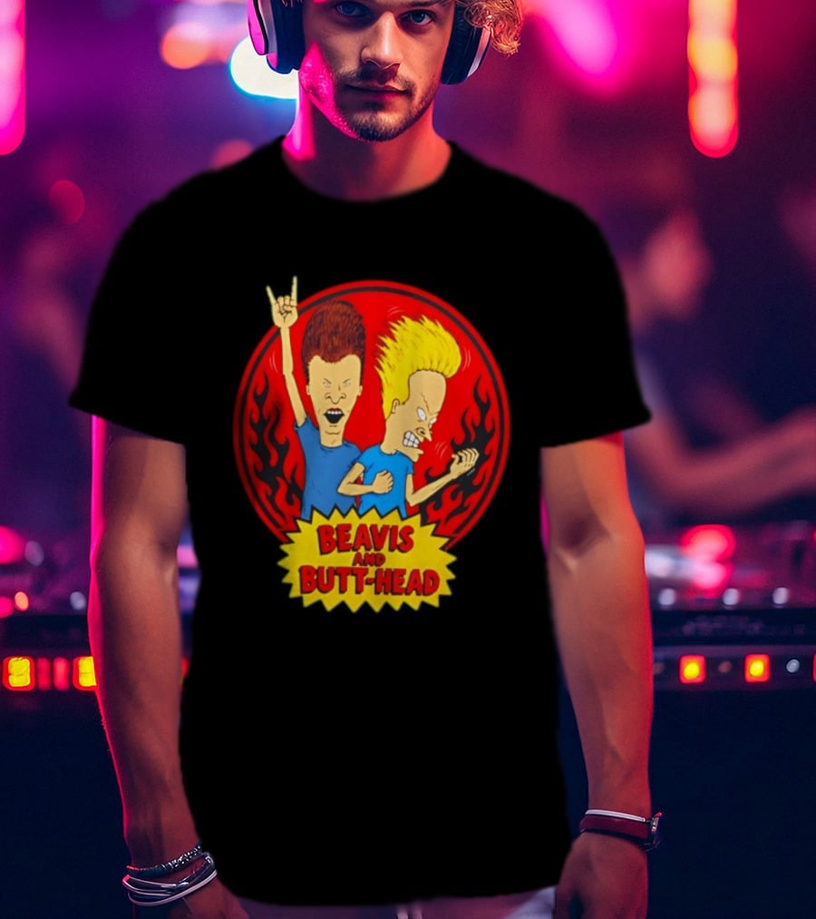 Beavis And Butt Head Rocking Out Flames Circle T-Shirt