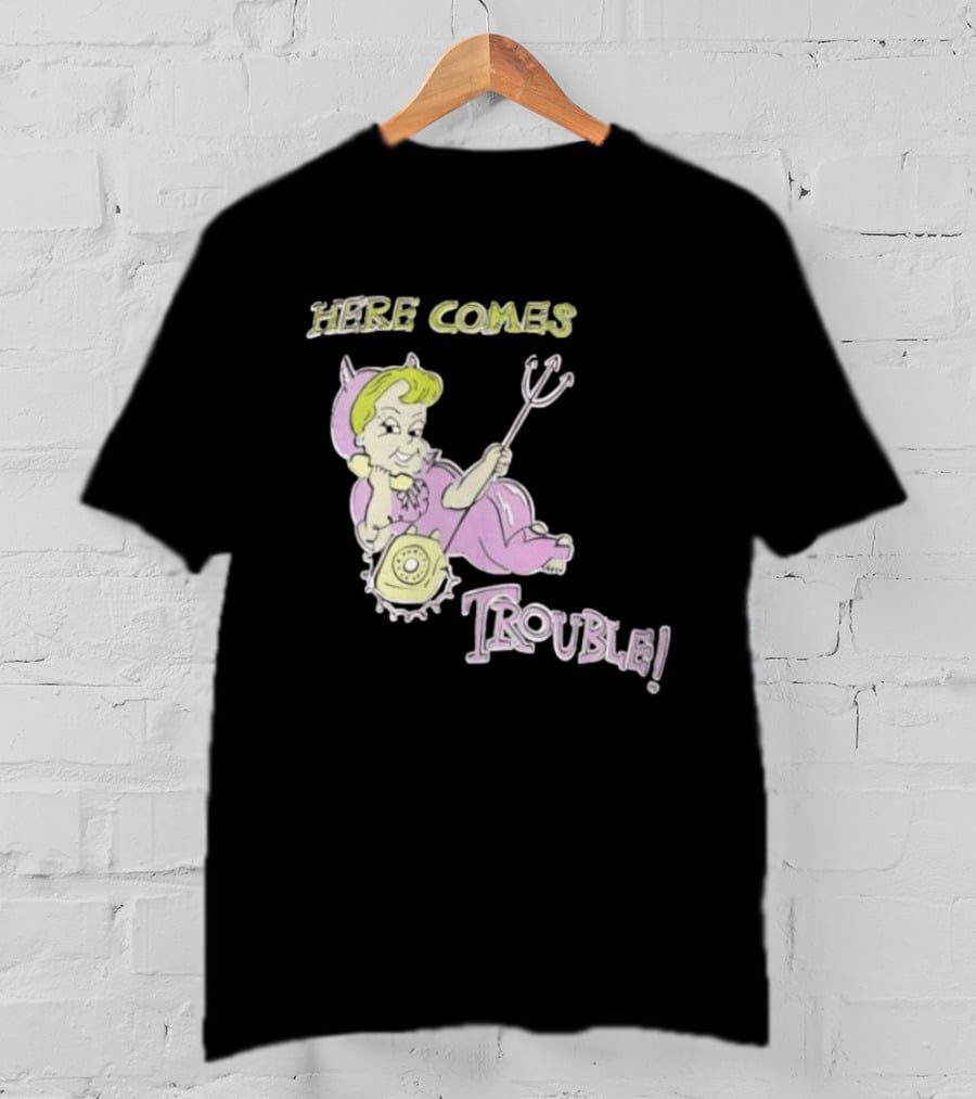 Here Comes Trouble Devil Baby With Pitchfork And Telephone T-Shirt