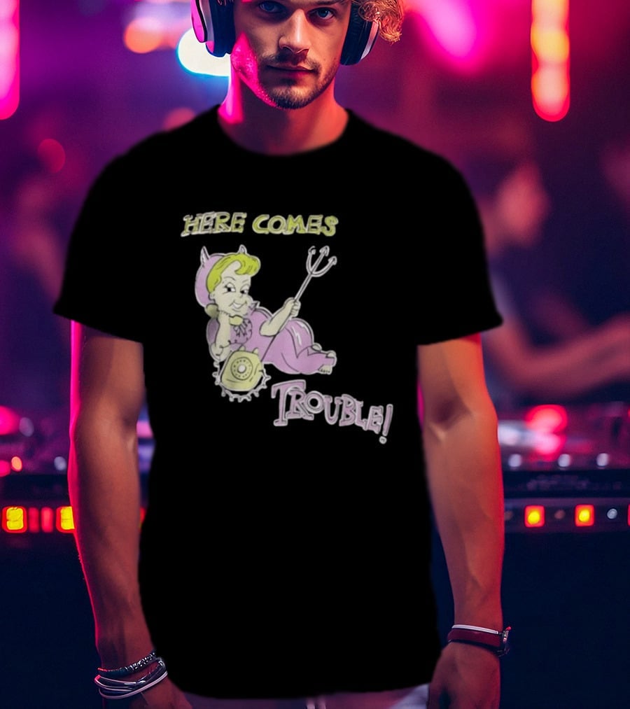 Here Comes Trouble Devil Baby With Pitchfork And Telephone T-Shirt