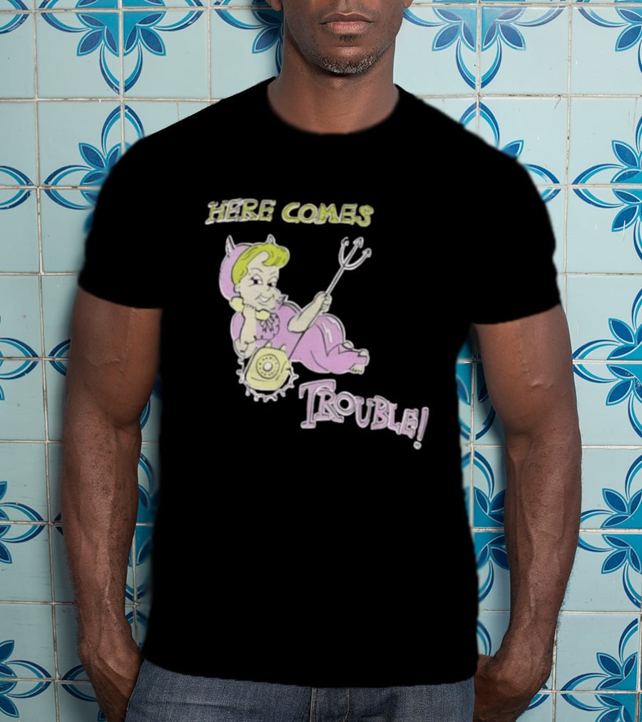Here Comes Trouble Devil Baby With Pitchfork And Telephone T-Shirt
