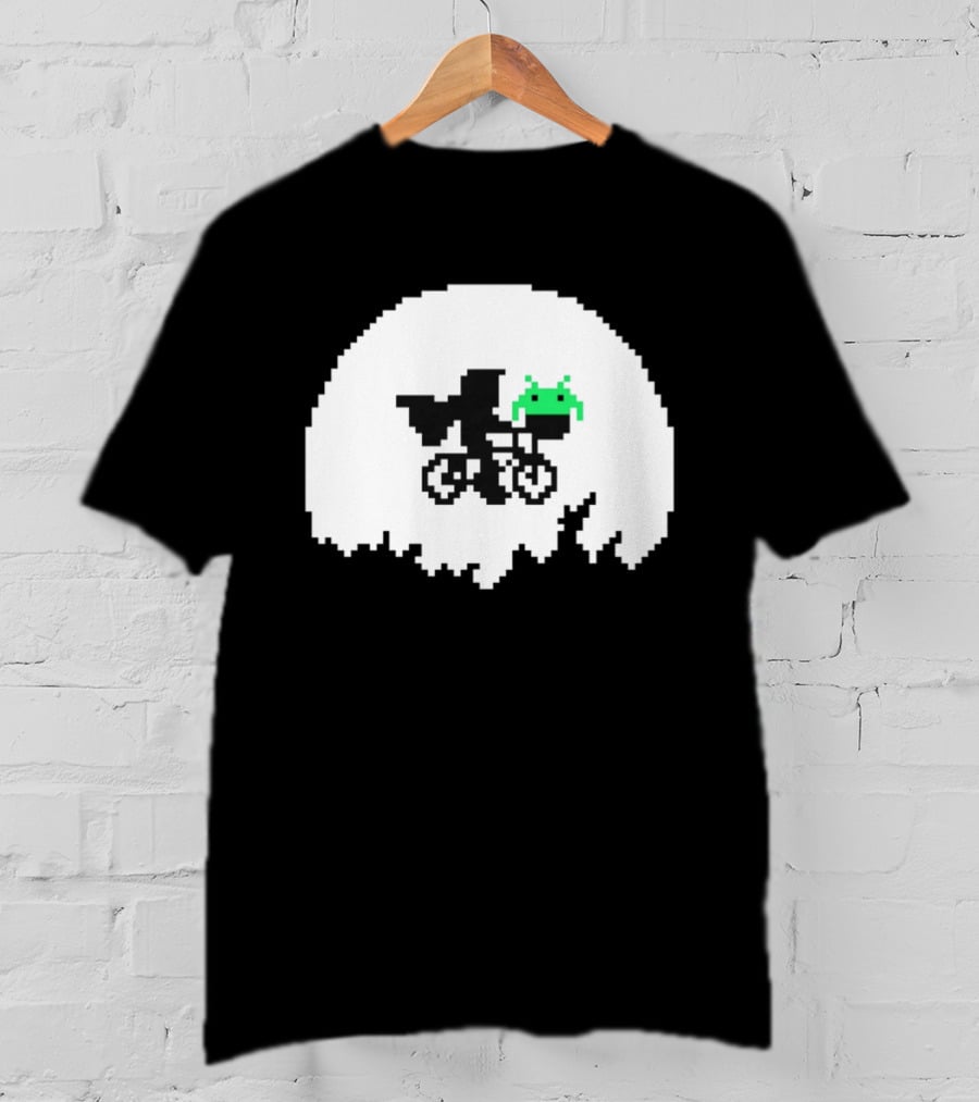 Elliott And Extra Terrestrial On Bicycle With Space Invader Pixel T-Shirt