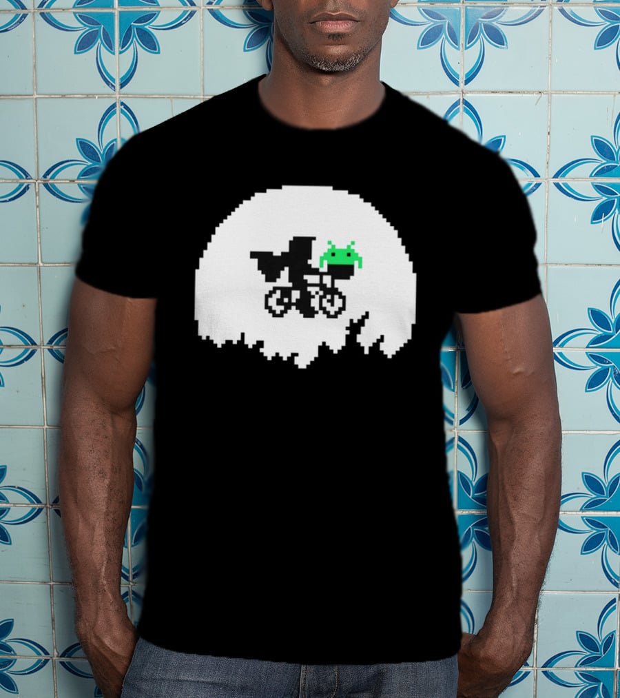 Elliott And Extra Terrestrial On Bicycle With Space Invader Pixel T-Shirt