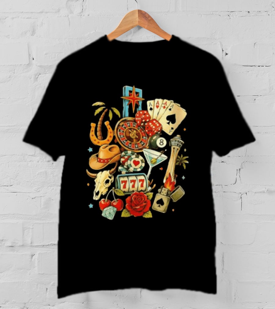 Las Vegas Casino Lucky Seven Poker Ace Of Spades Roulette Dice Palm Tree Horseshoe Rose Martini Skyscraper T-Shirt
