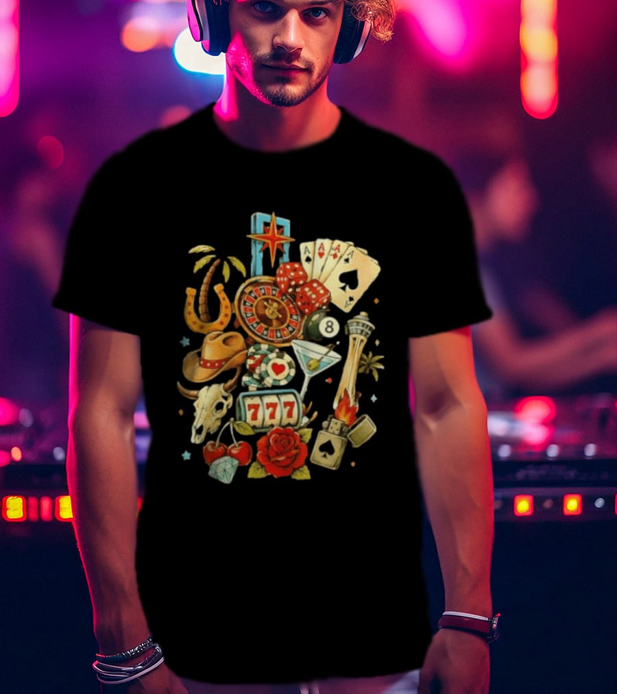 Las Vegas Casino Lucky Seven Poker Ace Of Spades Roulette Dice Palm Tree Horseshoe Rose Martini Skyscraper T-Shirt