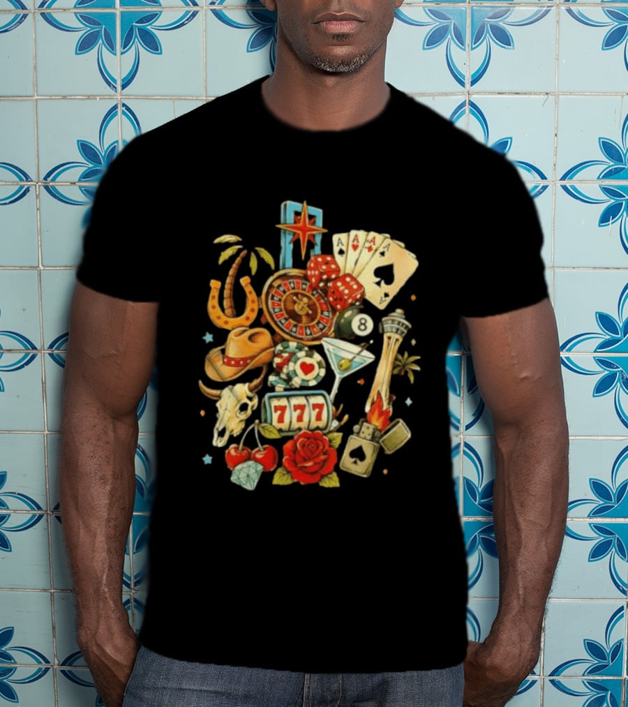 Las Vegas Casino Lucky Seven Poker Ace Of Spades Roulette Dice Palm Tree Horseshoe Rose Martini Skyscraper T-Shirt