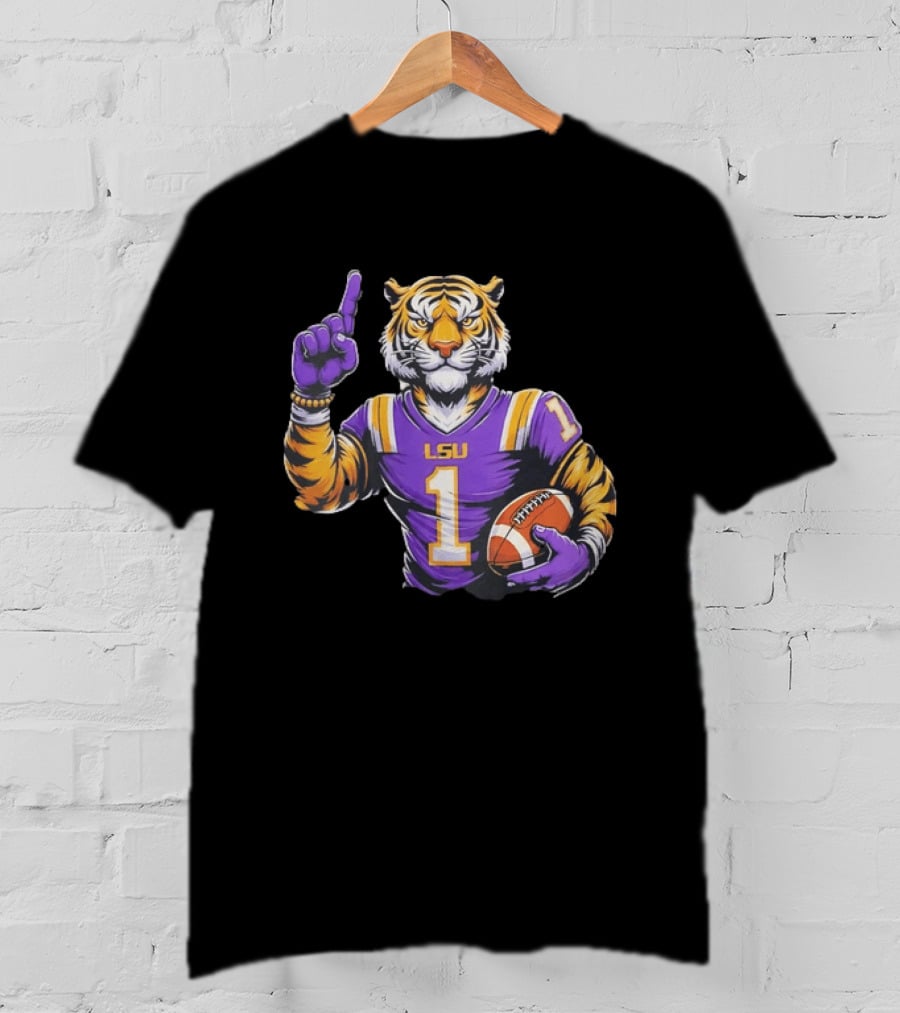 LSU Tiger Football Pointing Number 1 Holding Ball T-Shirt