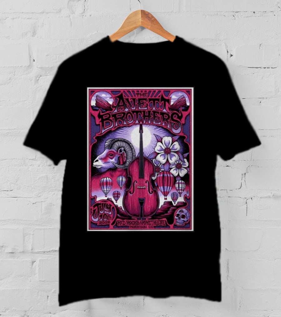 The Avett Brothers Red Rocks Amphitheatre Jul 10 2026 Morrison CO Hot Air Balloons Ram Violin Skull Art Flowers T-Shirt
