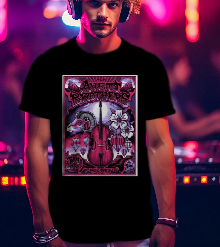 The Avett Brothers Red Rocks Amphitheatre Jul 10 2026 Morrison CO Hot Air Balloons Ram Violin Skull Art Flowers T-Shirt