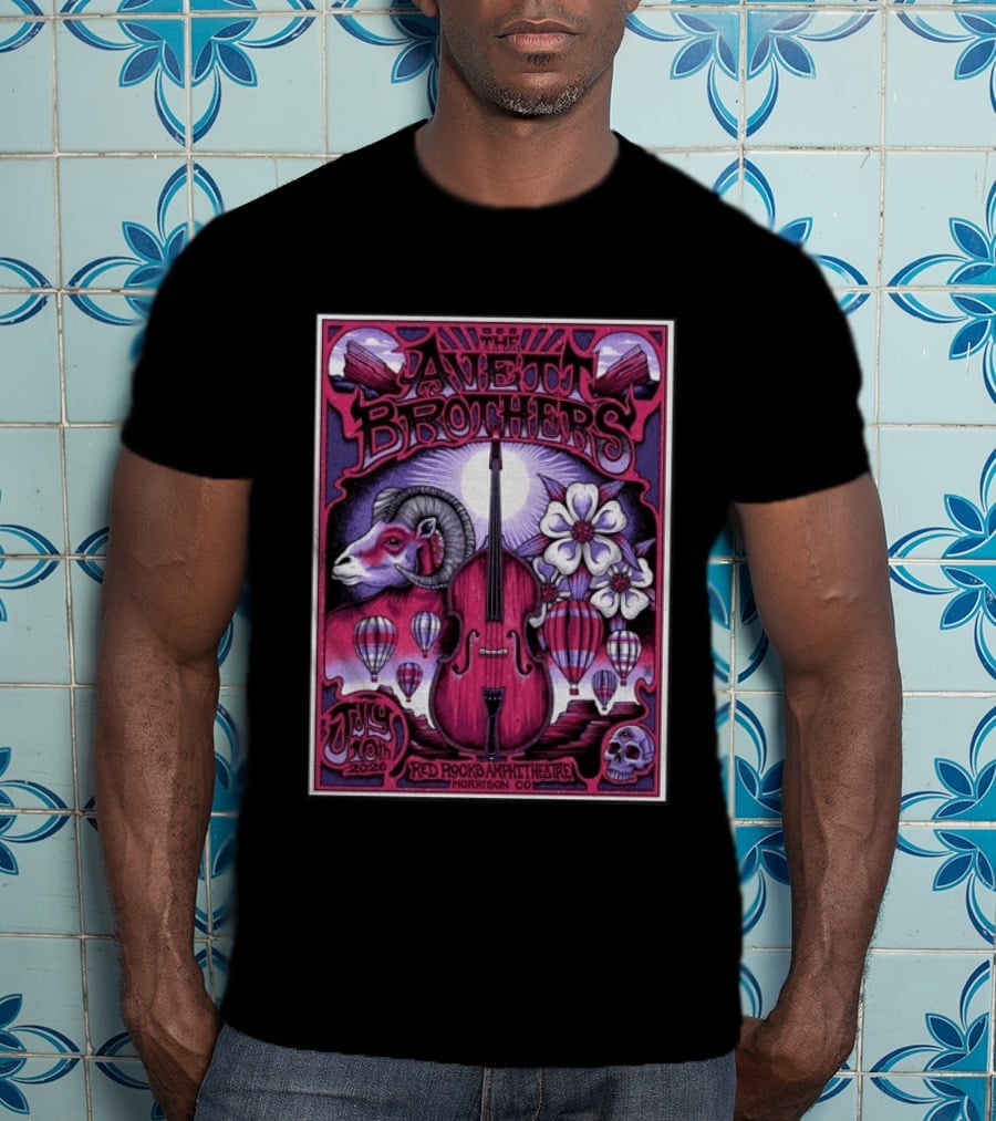 The Avett Brothers Red Rocks Amphitheatre Jul 10 2026 Morrison CO Hot Air Balloons Ram Violin Skull Art Flowers T-Shirt