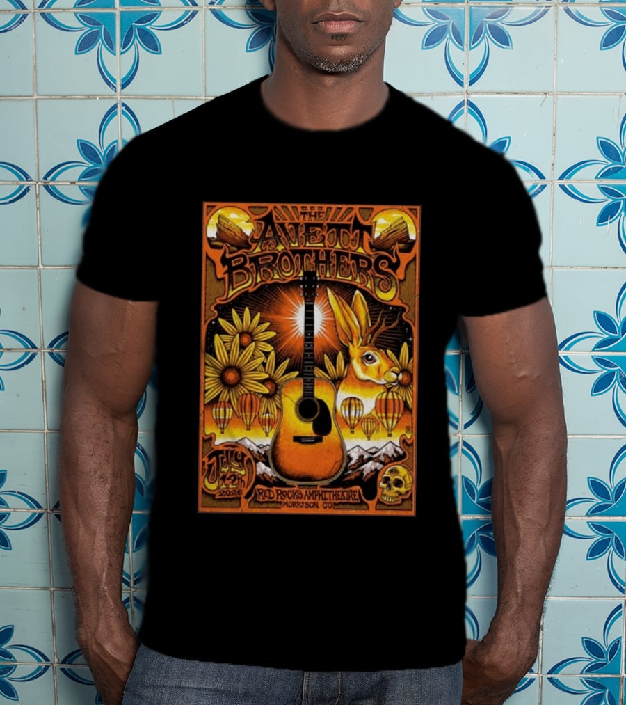 The Avett Brothers Red Rocks Amphitheatre July 12 2026 Morrison CO Guitar Sunflowers Rabbit T-Shirt